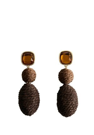 Brown faceted square gemstone earrings with two textured dark brown woven oval and round shapes dangling below each stone.