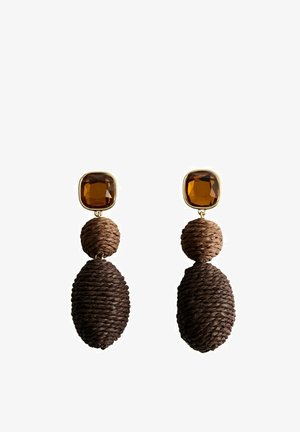 Brown faceted square gemstone earrings with two textured dark brown woven oval and round shapes dangling below each stone.