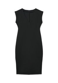 Schwarzes ärmelloses Kleid mit tiefem V-Ausschnitt. Hergestellt aus glattem Stoff, figurbetonte Form, knielang und minimalistisches Design ohne Verzierungen.