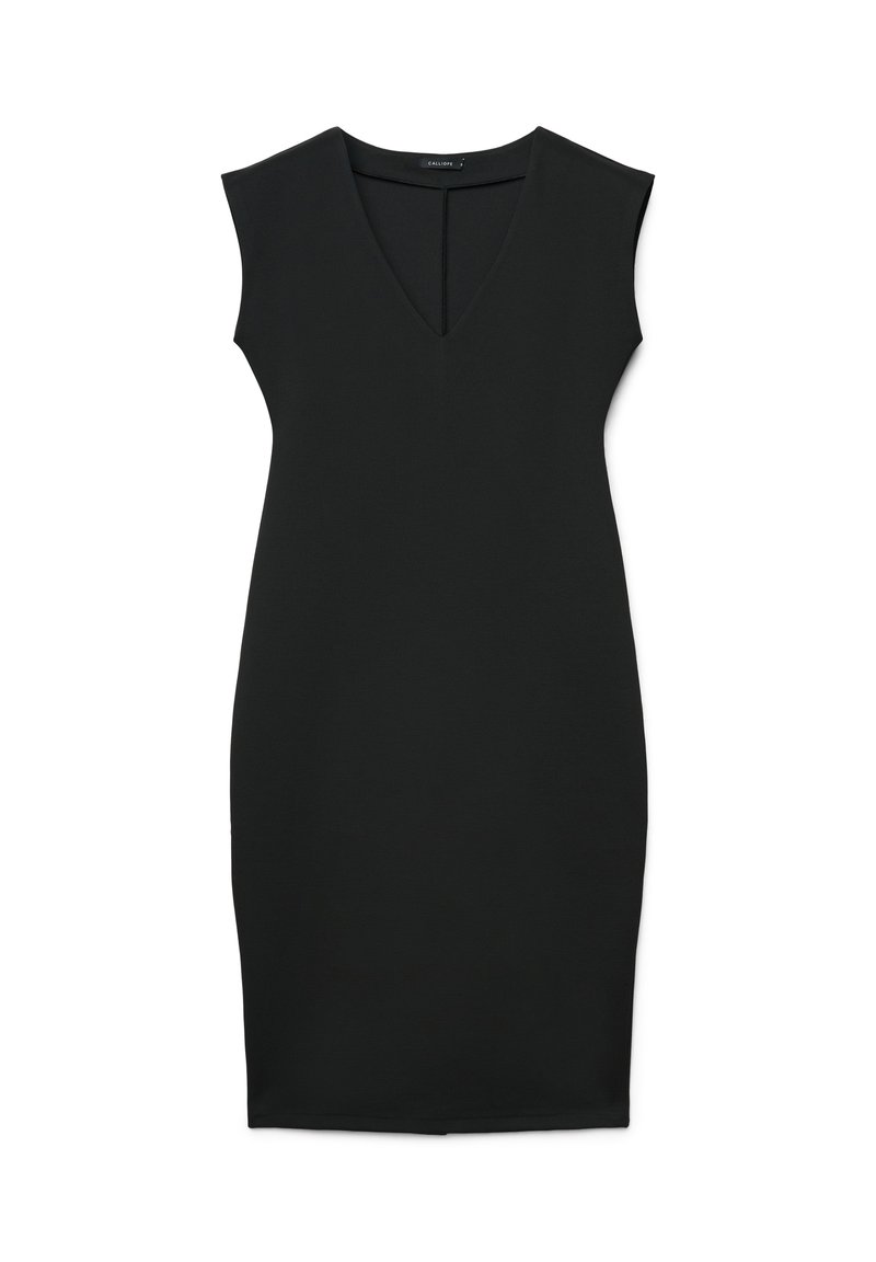 Schwarzes ärmelloses Kleid mit tiefem V-Ausschnitt. Hergestellt aus glattem Stoff, figurbetonte Form, knielang und minimalistisches Design ohne Verzierungen.