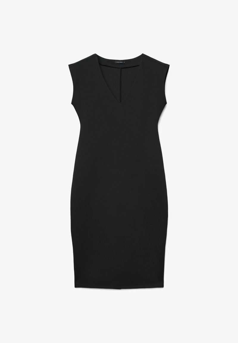 Schwarzes ärmelloses Kleid mit tiefem V-Ausschnitt. Hergestellt aus glattem Stoff, figurbetonte Form, knielang und minimalistisches Design ohne Verzierungen.