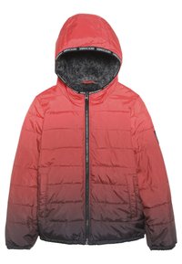 Czerwona i czarna gradientowa kurtka puchowa z kapturem, pikowany design, zamek z przodu i miękka szara podszewka.