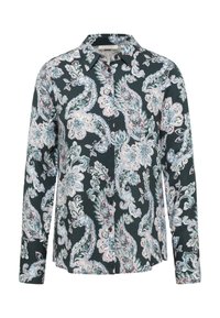 Camicia a maniche lunghe con base verde scuro, decorata con motivi floreali e paisley in rosa pastello, blu e bianco.