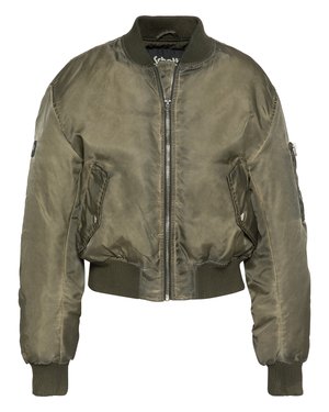 Giacca bomber verde oliva con colletto, polsini e orlo a costine, cerniera frontale, tasche con bottone a pressione e tasca con cerniera sulla manica.