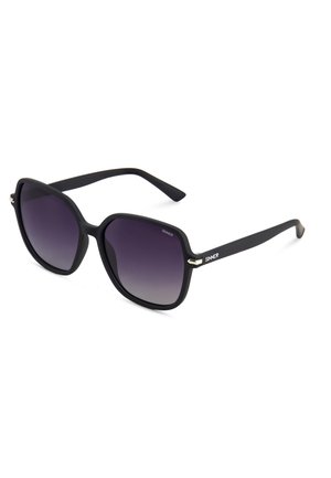 Gafas de sol cuadradas negras de gran tamaño con lentes oscuras degradadas y patillas delgadas, con la marca "SINNER" en el lateral.