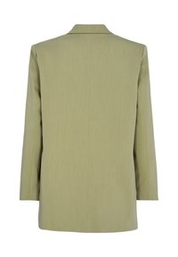 Ljusgrön blazer, enkelknäppt design, långa ärmar, slät textur, minimal sömnad och inga synliga detaljer eller accenter.