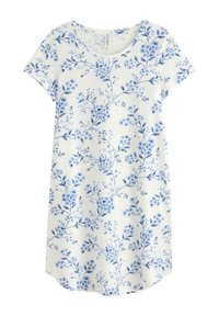 Kjole med korte ærmer i hvidt stof med et dekkende blåt blomsterprint, rund halsudskæring og buet kant. Fremstillet af blødt materiale.