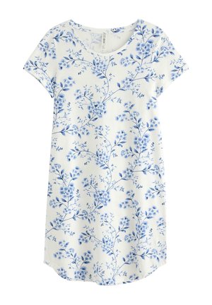 Kjole med korte ærmer i hvidt stof med et dekkende blåt blomsterprint, rund halsudskæring og buet kant. Fremstillet af blødt materiale.