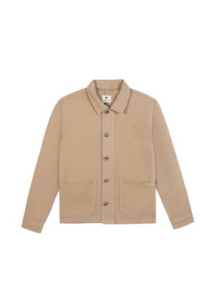 Veste beige à boutons avec manches longues, deux poches avant, un col et un petit logo brodé sur la poitrine gauche.