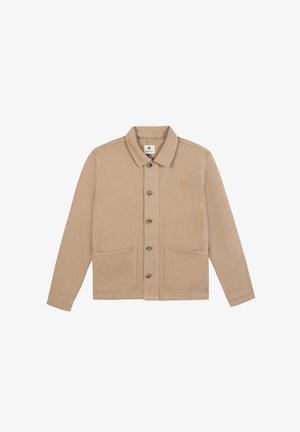 Beige Jacke mit Knöpfen, langen Ärmeln, zwei Fronttaschen, einem Kragen und einem kleinen gestickten Logo auf der linken Brust.