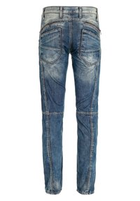 Ausgebleichte blaue Jeans mit geradem Schnitt, leicht distressed, ausgestattet mit fünf Taschen und kontrastierenden Nähdetails.