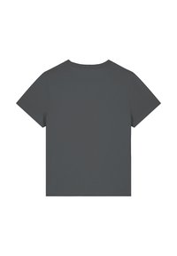 Kurzärmliges T-Shirt mit Rundhalsausschnitt aus dunkelgrauem Stoff. Es hat eine glatte Textur und ein minimalistisches Design, ohne sichtbare Logos oder Muster.