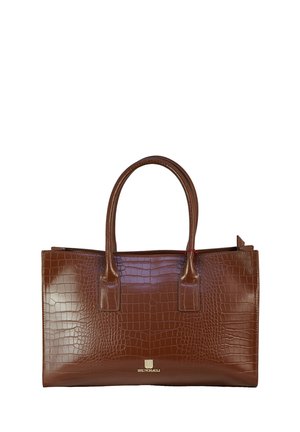 Borsa a mano marrone in pelle con texture coccodrillo, doppio manico e piccolo logo del marchio dorato al centro frontale.