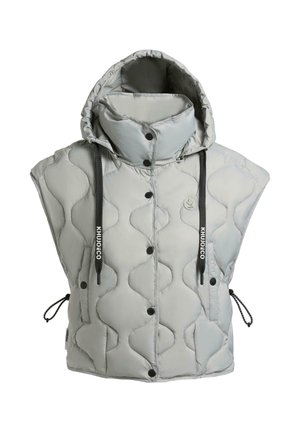 Lys grå quiltet ermeløs hettevest med svarte trykknapper, snorer og høy krage, designet for varme og stil.