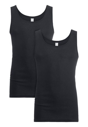 Zwei schlichte schwarze ärmellose Tanktops, eines leicht hinter dem anderen, auf weißem Hintergrund gezeigt.