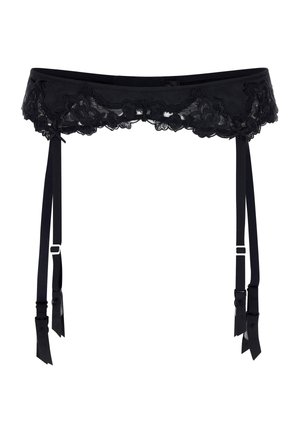 Cinturilla de encaje negro con patrón floral, banda elástica y tirantes de satén ajustables. Presenta cierres de gancho y elegantes acentos negros.