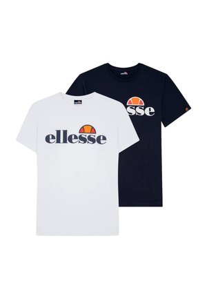 Zwei kurzärmelige T-Shirts mit Rundhalsausschnitt, eines weiß und eines schwarz, jeweils mit dem „ellesse“-Logo und einem orange-roten Halbkreis-Design auf der Brust.