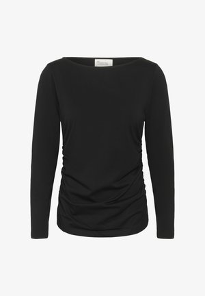 Top negro de manga larga y cuello redondo, confeccionado en tejido suave con detalles de fruncido en los laterales. Presenta una silueta ajustada y sin hardware visible.