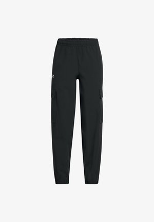 Black cargo pants featuring an elastic waist, tapered legs, side pockets, and a smooth, lightweight fabric. Under Armour logo on front.