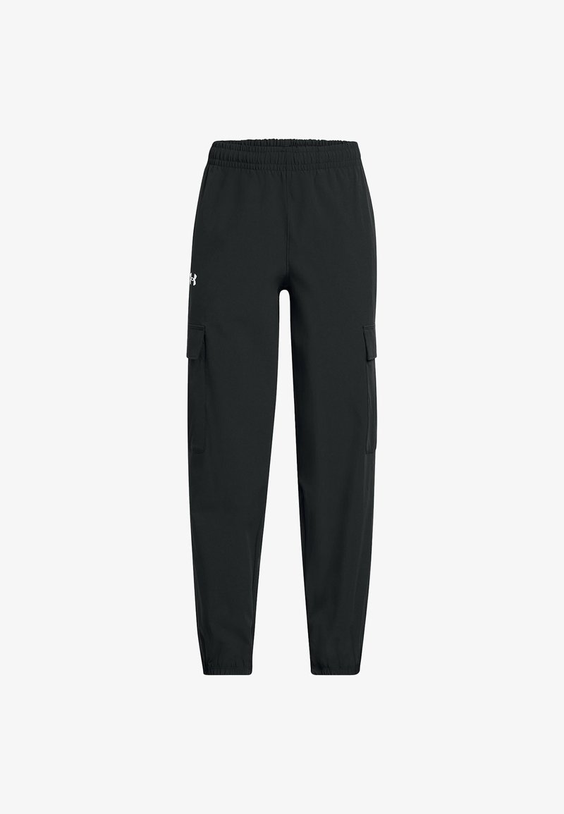 Pantalons cargo noirs avec une taille élastique, des jambes fuselées, des poches latérales et un tissu lisse et léger. Logo Under Armour sur le devant.
