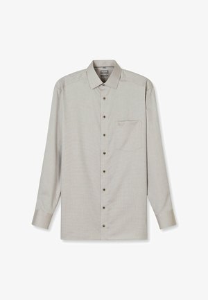 Hellgraues Langarmhemd mit feinem geometrischem Muster, Knopfleiste, spitzem Kragen und einer Brusttasche.
