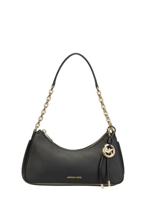 Sort tekstureret læder Michael Kors håndtaske med guldkæde strop og MK logo vedhæng, lynlåslukning på toppen.