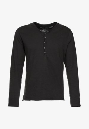 Schwarzes Langarmshirt aus weichem Material mit Henley-Ausschnitt, dreiknöpfiger Knopfleiste und lockerer Passform.