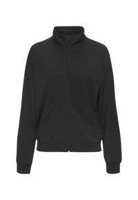 Schwarze Jacke mit Reißverschluss, hohem Kragen, langen Ärmeln und zwei Fronttaschen. Hergestellt aus weichem, glattem Stoff mit lockerem Schnitt.