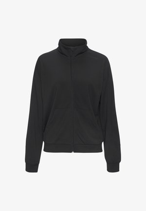 Schwarze Jacke mit Reißverschluss, hohem Kragen, langen Ärmeln und zwei Fronttaschen. Hergestellt aus weichem, glattem Stoff mit lockerem Schnitt.