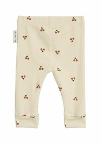 Crèmekleurige geribde leggings met kleine bruine kersenpatronen. Voorzien van een elastische tailleband en afgeknipte enkels voor pasvorm en comfort.
