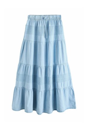 Jasnoniebieska, wielowarstwowa spódnica midi z elastycznym pasem i sznurkiem do regulacji, ozdobiona marszczonym przeszyciem na górnych i środkowych warstwach.