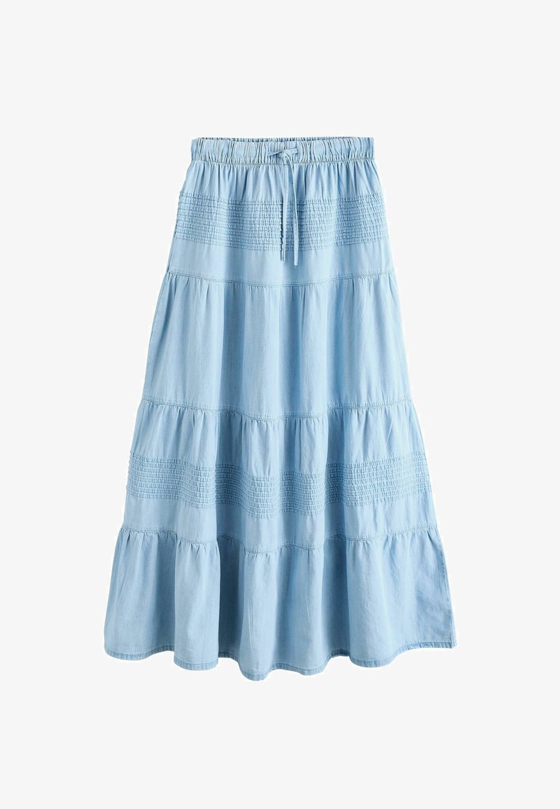 Jupe midi bleu clair à volants avec taille élastique et cordon de serrage, présentant un smock sur les volants supérieur et moyen.