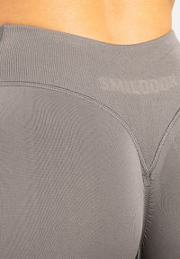 Grå atletiske leggings med ribbet linning, der har en glat tekstur og et mærkelogo. Sømme detaljer langs bunden og hofterne.