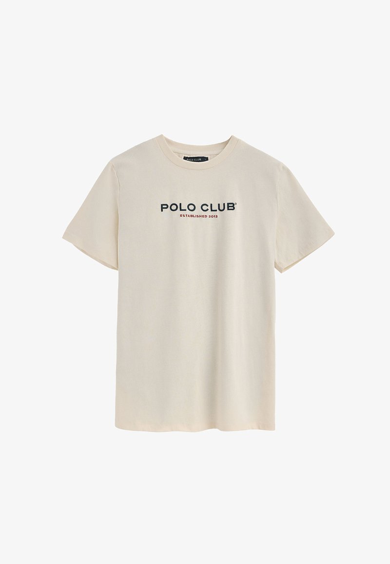 Jasno beżowa bawełniana koszulka z krótkimi rękawami, okrągłym dekoltem i nadrukiem z przodu „POLO CLUB ESTABLISHED 2012” w kolorze czarnym i czerwonym.