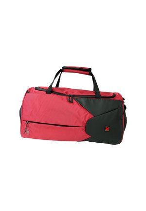Sac de sport rouge et noir avec doubles poignées, poche zippée à l'avant et un petit logo sur le panneau noir.