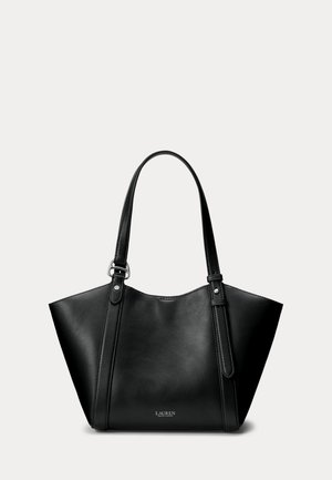 Sac cabas en cuir noir avec deux poignées et détail boucle argentée, étiqueté "Lauren Ralph Lauren" en bas au centre.