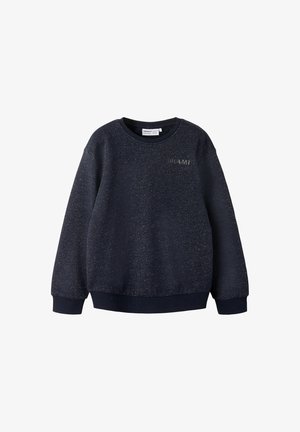 Sudadera azul marino con acabado texturizado, que presenta un cuello redondo, puños y bajo acanalados, y una sutil inscripción "MIAMI" en el frente.