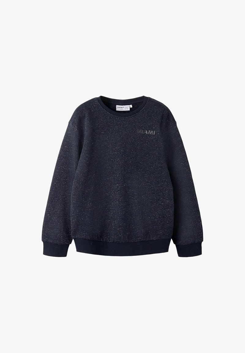 Sweat-shirt bleu marine avec une finition texturée, doté d'un col rond, de poignets et d'un ourlet côtelés, et d'une inscription discrète "MIAMI" sur le devant.