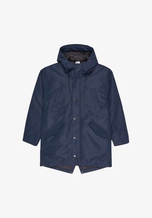 Marineblauwe capuchonparka met voorste drukknoopjes, trekkoorden, twee schuine borstzakken en twee klep-handzakken.
