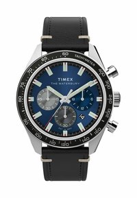 Men's chronograph watch with a blue gradient dial, silver accents, tachymeter scale, and a black leather strap with silver stitching.