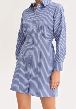 Sinivalkoraitainen paitamekko, jossa on pitkät hihat, nappikiinnitys edessä ja kaulus. Vyötäröllä kuminauha ja sivutaskut. Kangas on sileää tekstuuriltaan.