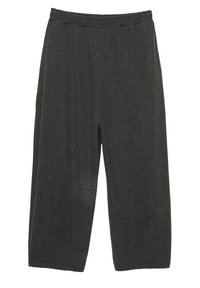 Donkergrijze, wijde broek met een elastische tailleband, gemaakt van zachte stof, met een gladde textuur en zonder zichtbare patronen of accenten.