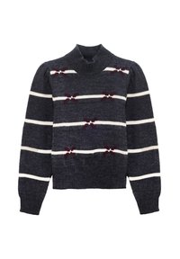 Maglione lavorato a maglia blu navy con strisce orizzontali bianche e bordeaux. Presenta maniche a sbuffo e fiocchi a fantasia bordeaux sul corpo.