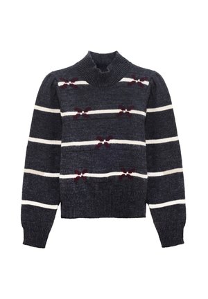 Maglione lavorato a maglia blu navy con strisce orizzontali bianche e bordeaux. Presenta maniche a sbuffo e fiocchi a fantasia bordeaux sul corpo.
