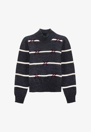 Maglione lavorato a maglia blu navy con strisce orizzontali bianche e bordeaux. Presenta maniche a sbuffo e fiocchi a fantasia bordeaux sul corpo.