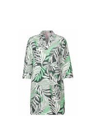 Floral tunic dress with a collared neckline, featuring green and white leaf patterns on a dark background. Made of lightweight fabric.