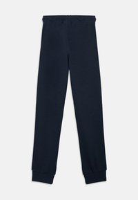 Σκούρα μπλε φούτερ παντελόνια από μαλακό μείγμα βαμβακιού, με ελαστική μέση, στενές γραμμές στα πόδια και ριμπ μανσέτες χωρίς τσέπες.