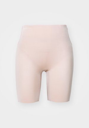Beige hoge taille shapewear shorts, naadloos ontwerp, zachte textuur, lengte tot halverwege het dijbeen, met ademend en rekbaar materiaal.