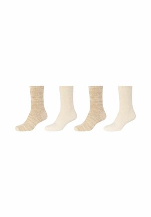 Vier paren comfortabele sokken in lichtbeige en crèmekleuren, met verschillende texturen en subtiele patronen, ribbelmanchetten en een zachte constructie.
