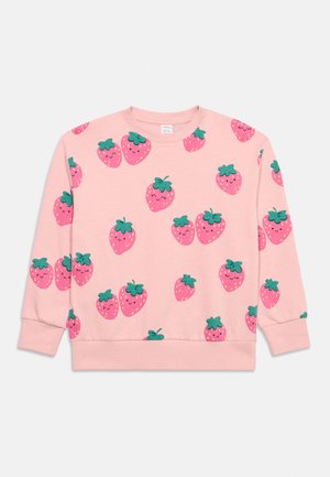 Ροζ μακρυμάνικο φούτερ με απεικονίσεις χαμογελαστών φραουλών διασκορπισμένες πάνω στο ύφασμα, με πράσινα φύλλα και ριμπ μανσέτες και τελείωμα.